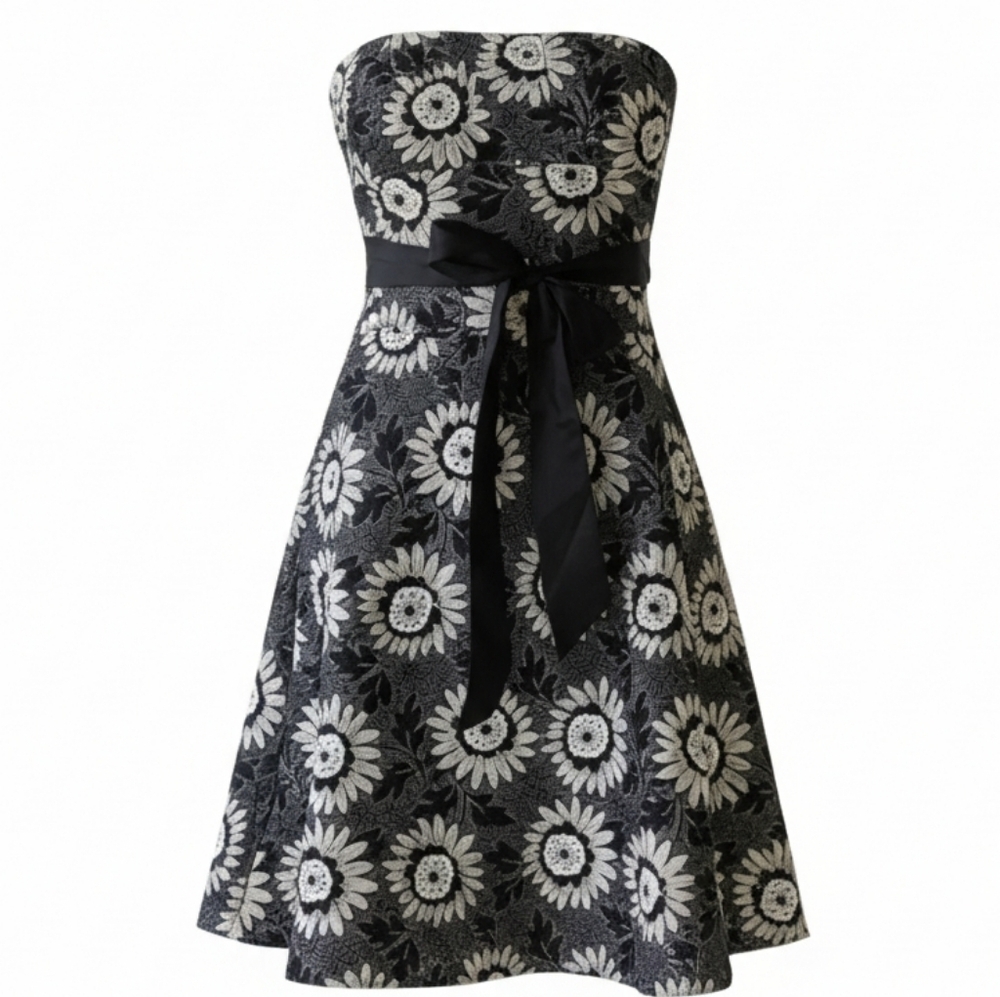 White House Black Market Strapless Black/Ivory Floral Dress Size 4